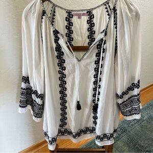 Calypso St. Barth Embroidered White and Black Women's Peasant Blouse Sz L